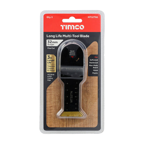 This is an image of Timco - Long Life Multi-Tool Blades - Straight - For Wood/Metal - 5pcs 32mm (5 Pieces Blister Pack) MT32TN5