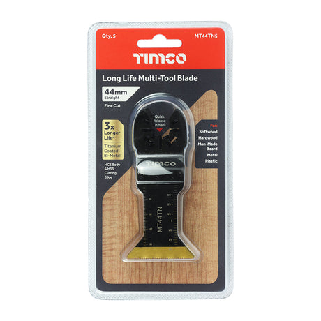 This is an image of Timco - Long Life Multi-Tool Blades - Straight - For Wood/Metal - 5pcs 44mm (5 Pieces Blister Pack) MT44TN5