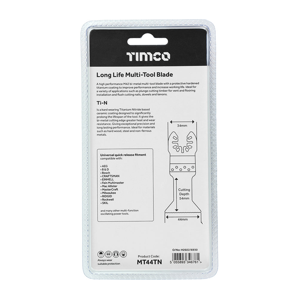 This is an image of Timco - Long Life Multi-Tool Blade - Straight - For Wood/Metal 44mm (1 Each Blister Pack) MT44TN