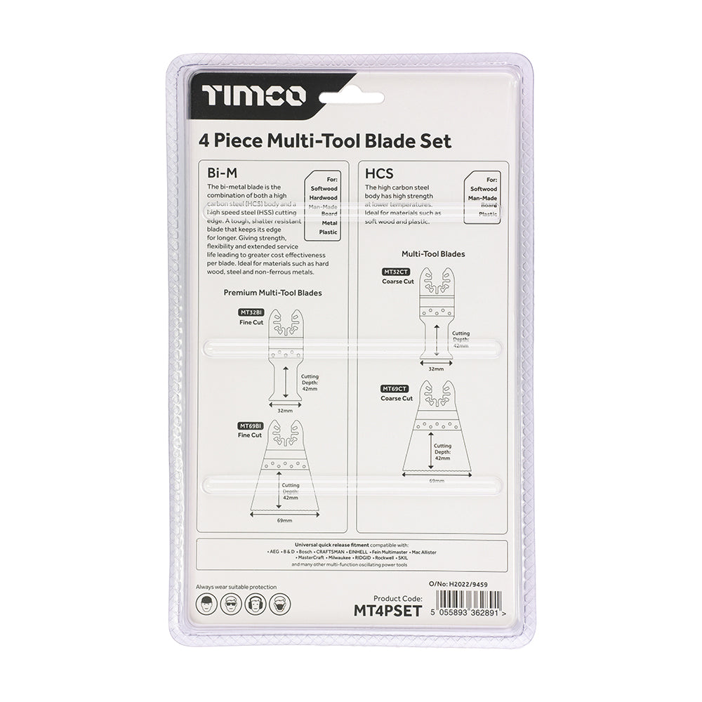 This is an image of Timco - Multi-Tool Blade Sets - 4 Piece Set Mixed (1 Each Blister Pack) MT4PSET
