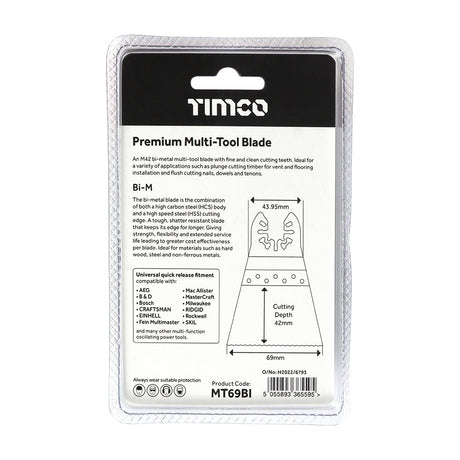 This is an image of Timco - Premium Multi-Tool Blade - Straight - For Wood/Metal 69mm (1 Each Blister Pack) MT69BI