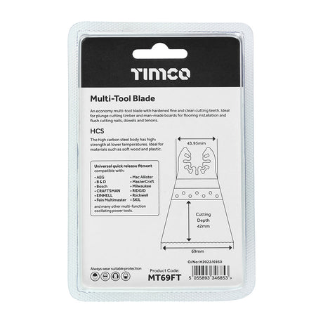This is an image of Timco - Multi-Tool Blade - Straight Fine - For Wood 69mm (1 Each Blister Pack) MT69FT