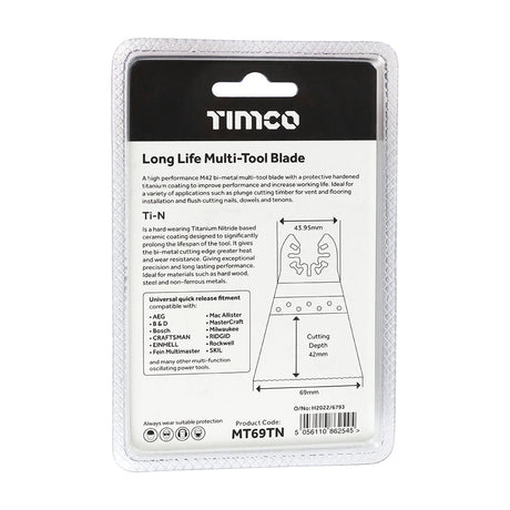 This is an image of Timco - Long Life Multi-Tool Blades - Straight - For Wood/Metal 69mm (1 Each Blister Pack) MT69TN