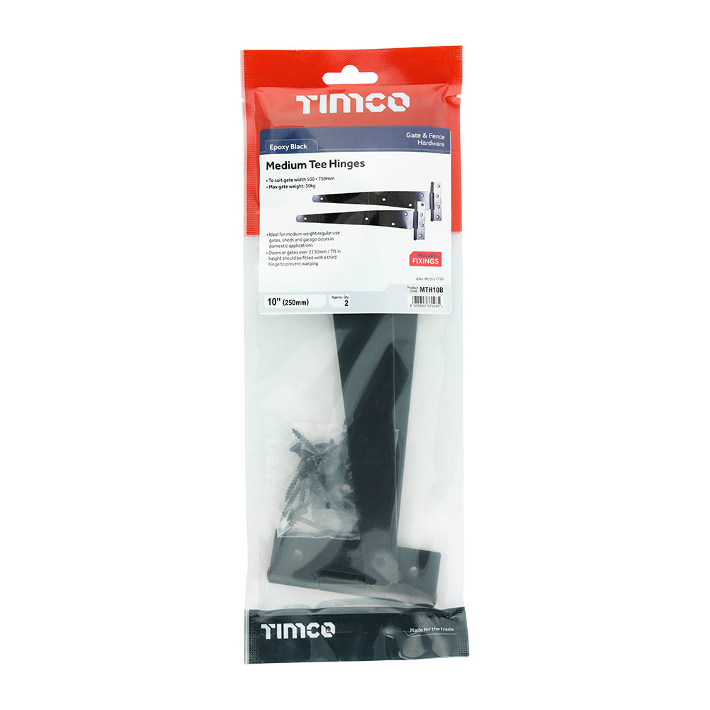 This is an image of Timco - Pair of Medium Tee Hinges - Black 10" (1 Pairs TIMbag) MTH10B