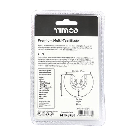 This is an image of Timco - Premium Multi-Tool Blade - Radial - For Wood / Metal Dia. 87mm (1 Each Blister Pack) MTR87BI