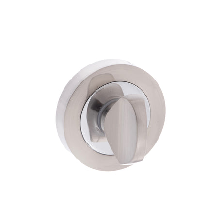 Quality image of Mediterranean WC Turn and Release on Round Rose - Satin Nickel/Polished Chrome | Sku. mwcsncp | available from Trade Door Handles.