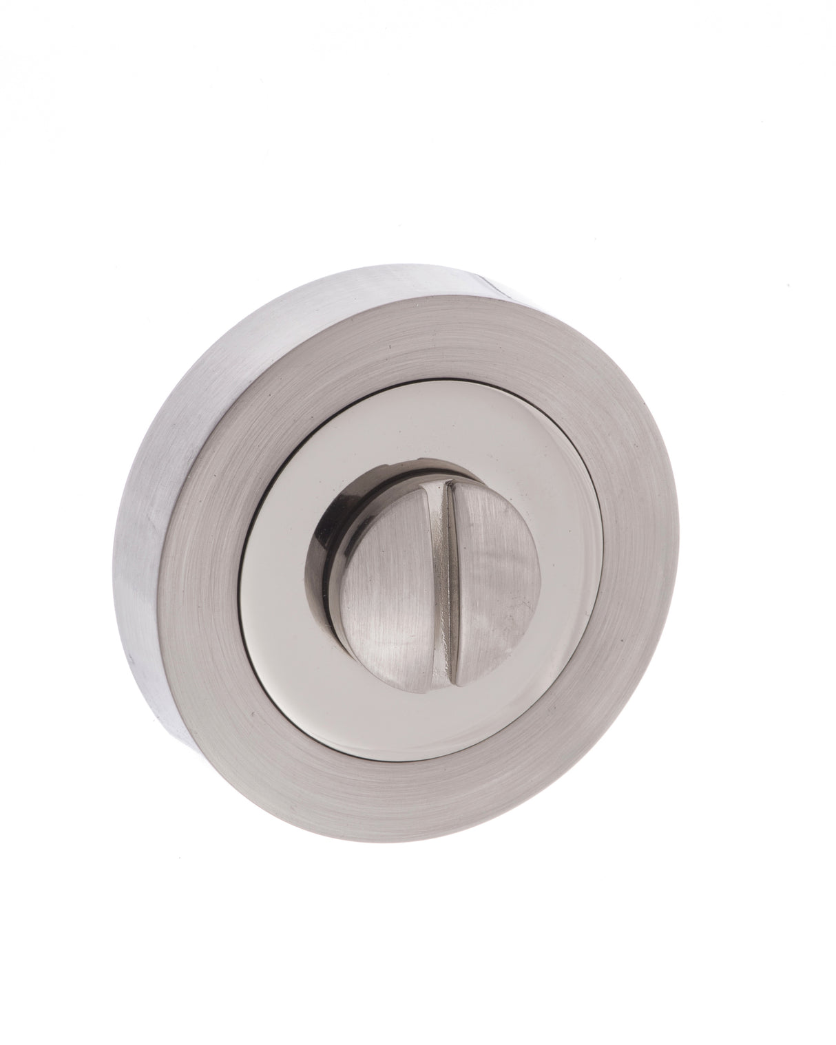 Quality image of Mediterranean WC Turn and Release on Round Rose - Satin Nickel/Polished Nickel | Sku. mwcsnnp | available from Trade Door Handles.