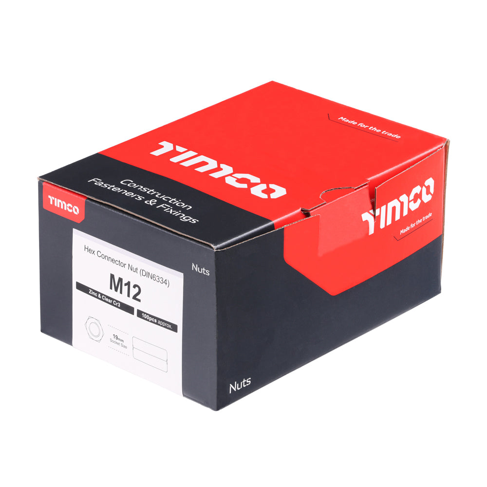 This is an image of Timco - Hex Connector Nuts - Zinc M12 - (100 PCS Box) NC12Z