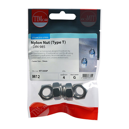 This is an image of Timco - Nylon Nuts - Type T - Stainless Steel M12 - (4 PCS TIMpac) NT12SSP