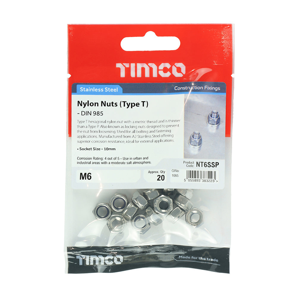 This is an image of Timco - Nylon Nuts - Type T - Stainless Steel M6 - (20 PCS TIMpac) NT6SSP