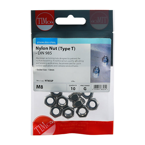 This is an image of Timco - Nylon Nuts - Type T - Stainless Steel M8 - (10 PCS TIMpac) NT8SSP