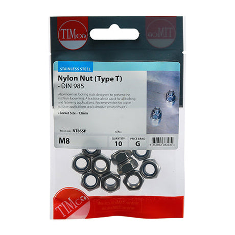 This is an image of Timco - Nylon Nuts - Type T - Stainless Steel M8 - (10 PCS TIMpac) NT8SSP