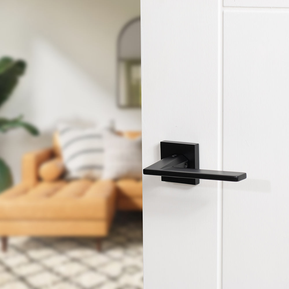 Quality image of Oro & Oro Sienna Lever Door Handle on Square Rose - Matt Black | Sku. o9215emb | available from Trade Door Handles.