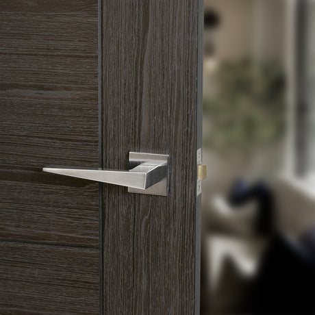Quality image of Oro & Oro Ivy Lever Door Handle on Square Rose - Satin Chrome | Sku. o9615esc | available from Trade Door Handles.
