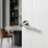 Quality image of Oro & Oro Stradi Lever Door Handle on Round Rose - Satin Chrome | Sku. o10917esc | available from Trade Door Handles.