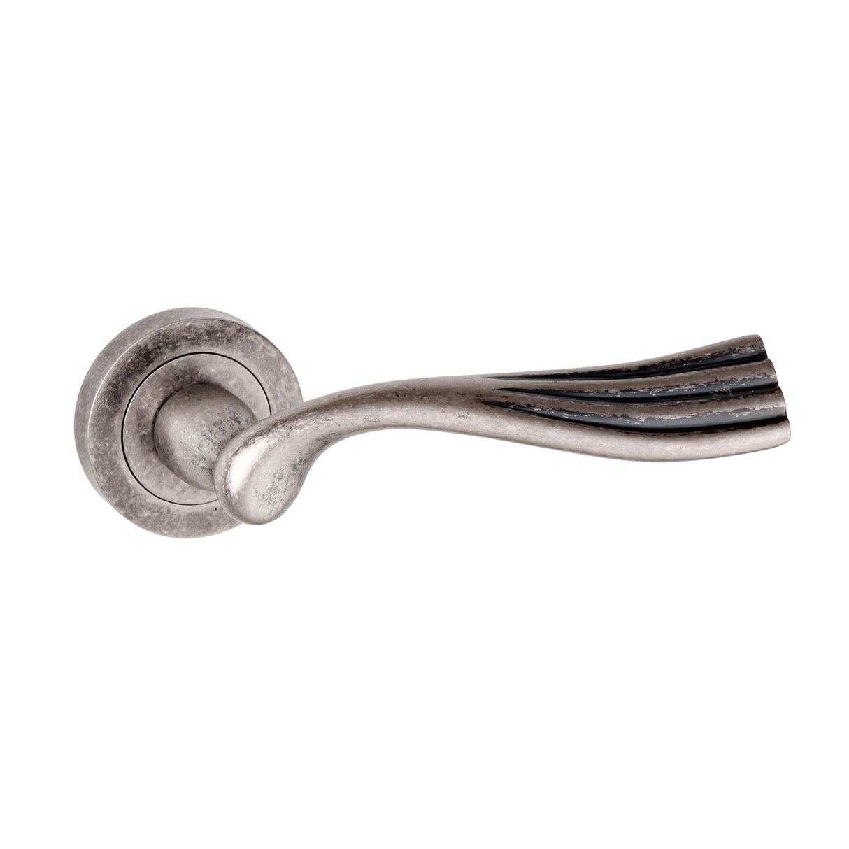 Quality image of Old English Richmond Lever Door Handle on Round Rose - Distressed Silver | Sku. oe110ds | available from Trade Door Handles.