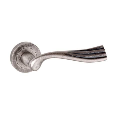 Quality image of Old English Richmond Lever Door Handle on Round Rose - Distressed Silver | Sku. oe110ds | available from Trade Door Handles.