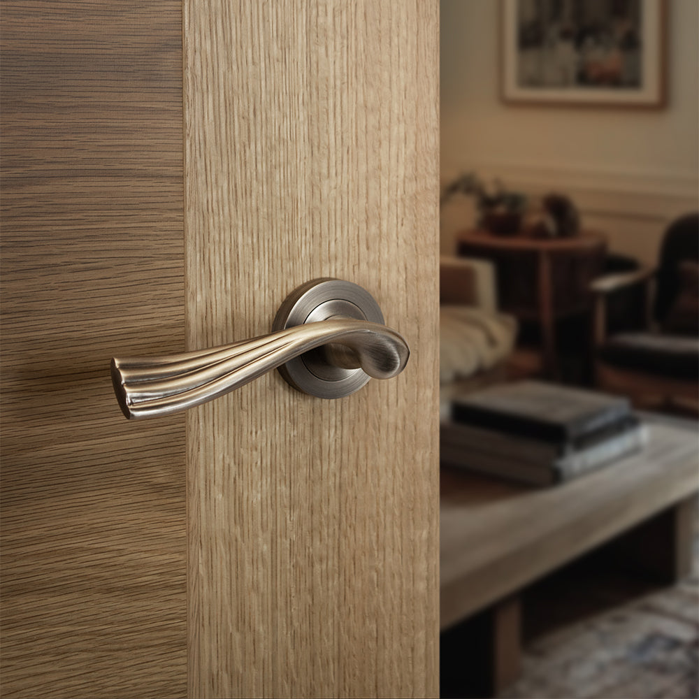 Quality image of Old English Richmond Door Handle Pack (Latch Set - 3" CE Latch, 4" Fire Rated Hinges x3) - Matt Gun Metal | Sku. adpoe110mbn4 | available from Trade Door Handles.