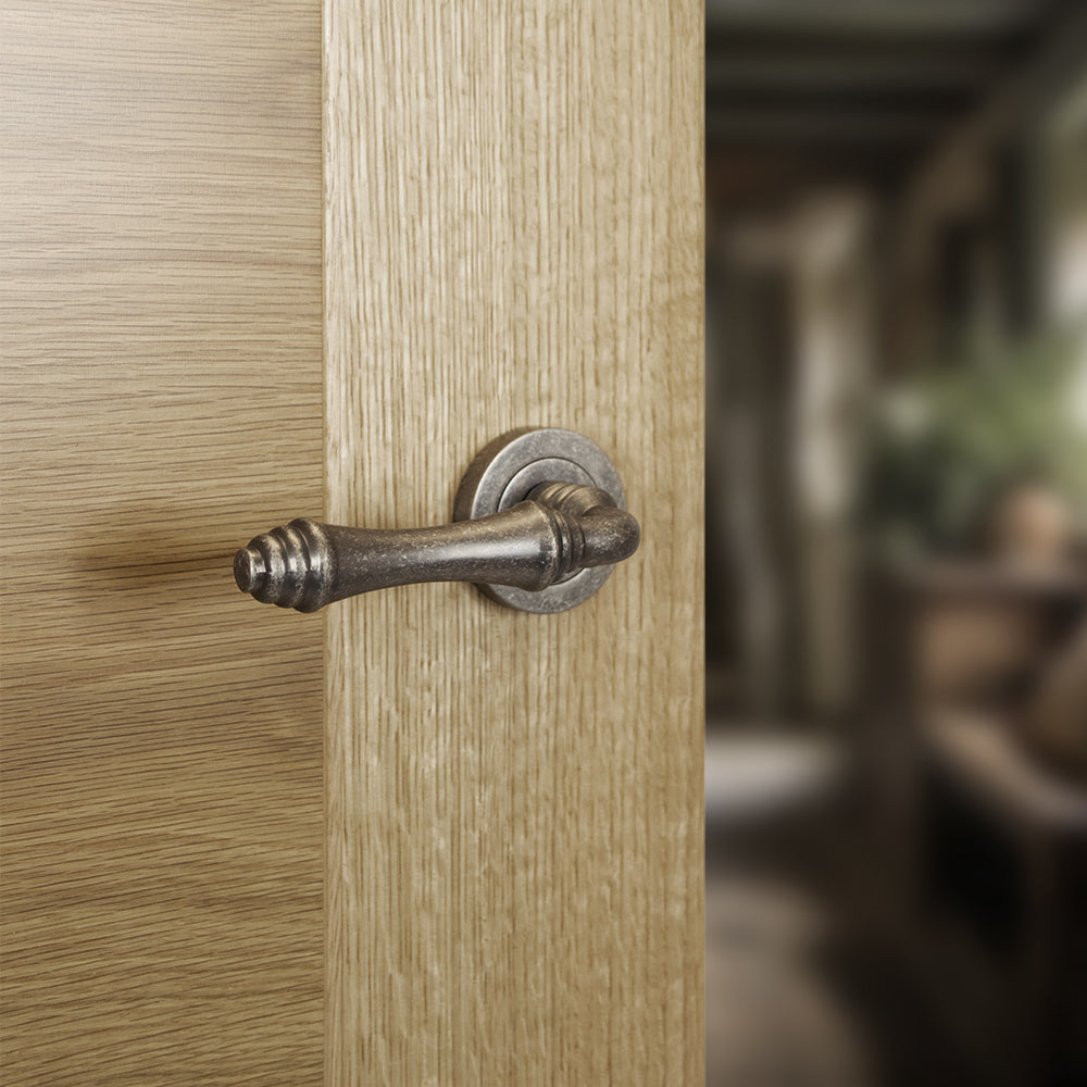 Quality image of Old English Durham Door Handle Pack (Bathroom Set - 3" CE Bathroom Lock, 3" Fire Rated Hinges x3) - Distressed Silver | Sku. adpoe127ds9 | available from Trade Door Handles.