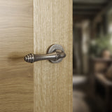 Quality image of Old English Durham Door Handle Pack (Latch Set - 3" CE Latch, 4" Slim Knuckle Hinges x2) - Distressed Silver | Sku. adpoe127ds6 | available from Trade Door Handles.