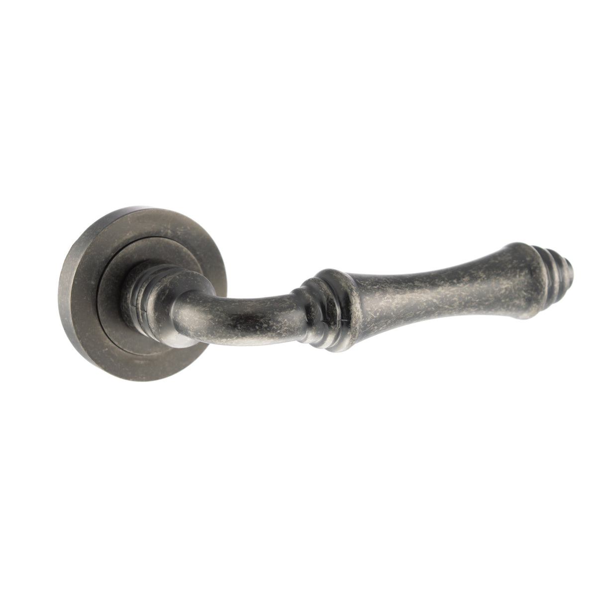 Quality image of Old English Durham Lever Door Handle on Round Rose - Distressed Silver | Sku. oe127ds | available from Trade Door Handles.
