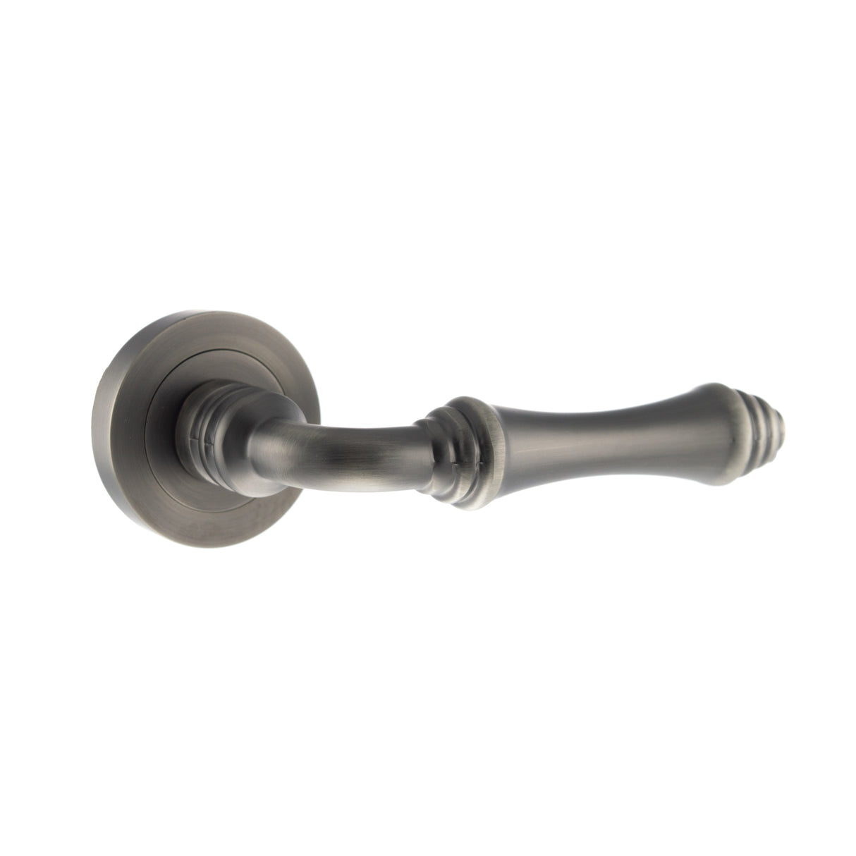 Quality image of Old English Durham Lever Door Handle on Round Rose - Matt Gun Metal | Sku. oe127mbn | available from Trade Door Handles.