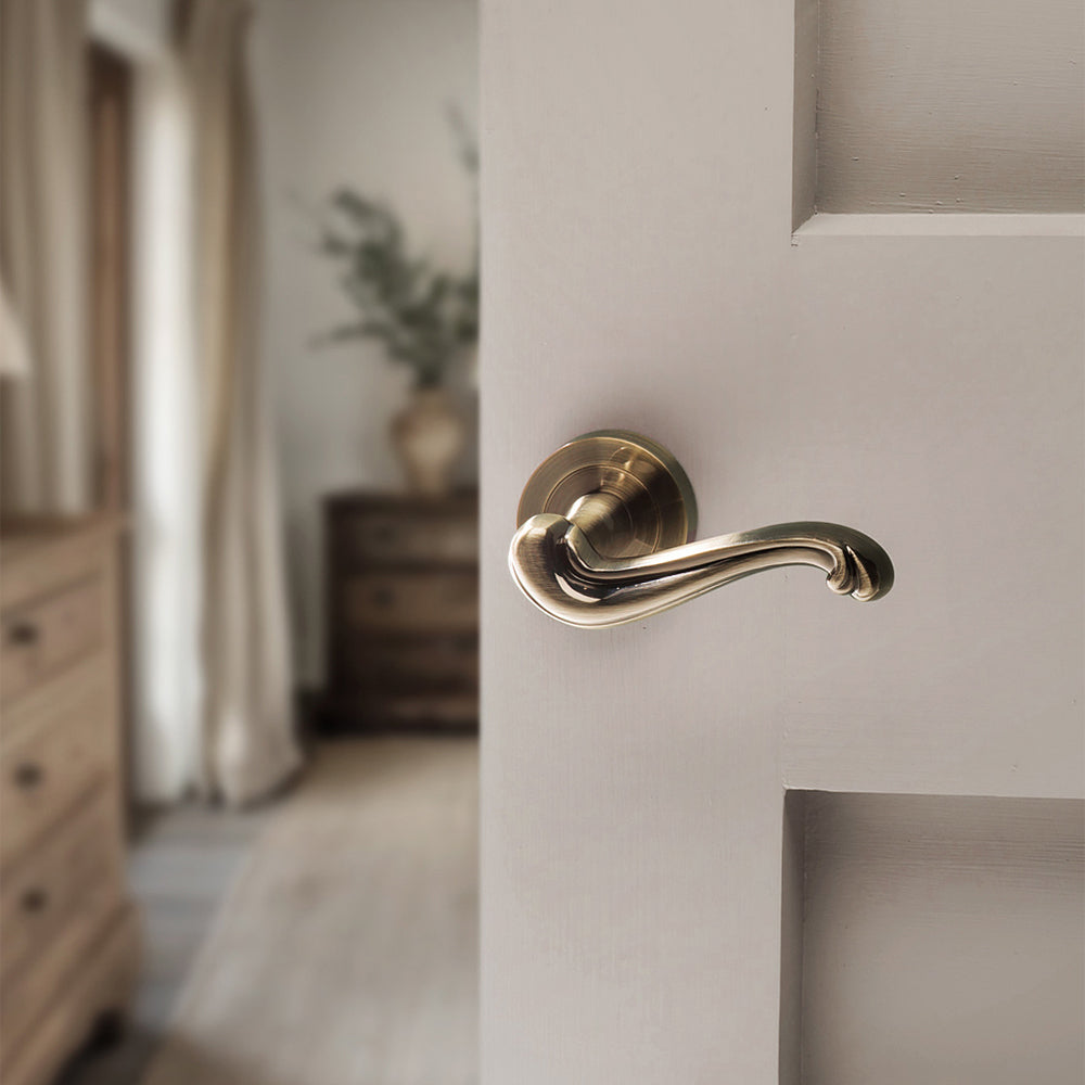 Quality image of Old English Colchester Door Handle Pack (3 Lever Lock Set - 2.5" CE Sashlock, 3" Fire Rated Hinges x3) - Antique Brass | Sku. adpoe177ab14 | available from Trade Door Handles.