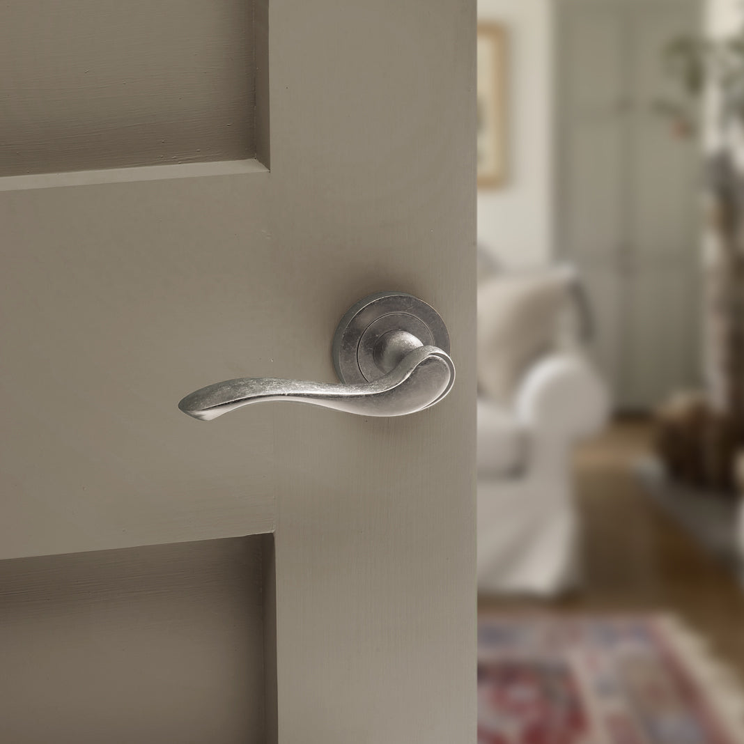 Quality image of Old English Warwick Door Handle Pack (Latch Set - 2.5" CE Latch, 4" Fire Rated Hinges x3) - Distressed Silver | Sku. adpoe178ds3 | available from Trade Door Handles.