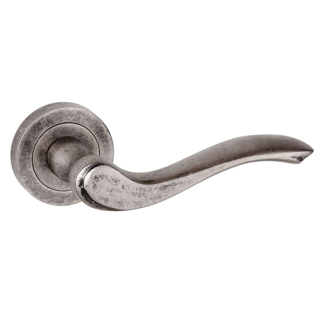 Quality image of Old English Warwick Lever Door Handle on Round Rose - Distressed Silver | Sku. oe178ds | available from Trade Door Handles.