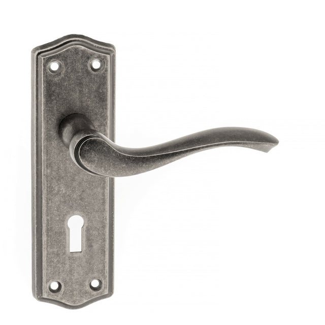 Quality image of Old English Warwick Key Lever Door Handle on Backplate - Distressed Silver | Sku. oe178kds | available from Trade Door Handles.