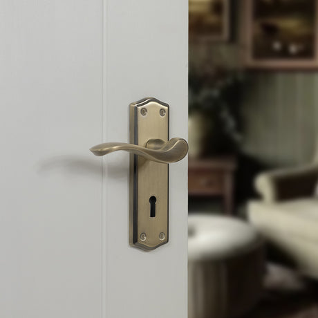 Quality image of Old English Warwick WC Lever Door Handle on Backplate - Matt Antique Brass | Sku. oe178wcmab | available from Trade Door Handles.
