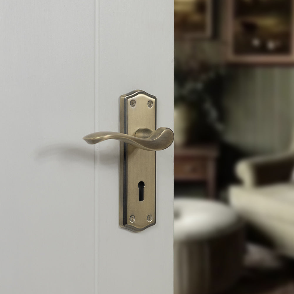Quality image of Old English Warwick Door Handle Pack (Latch Set - 2.5" CE Latch, 3" Fire Rated Hinges x3) - Matt Antique Brass | Sku. adpoe178lmab1 | available from Trade Door Handles.