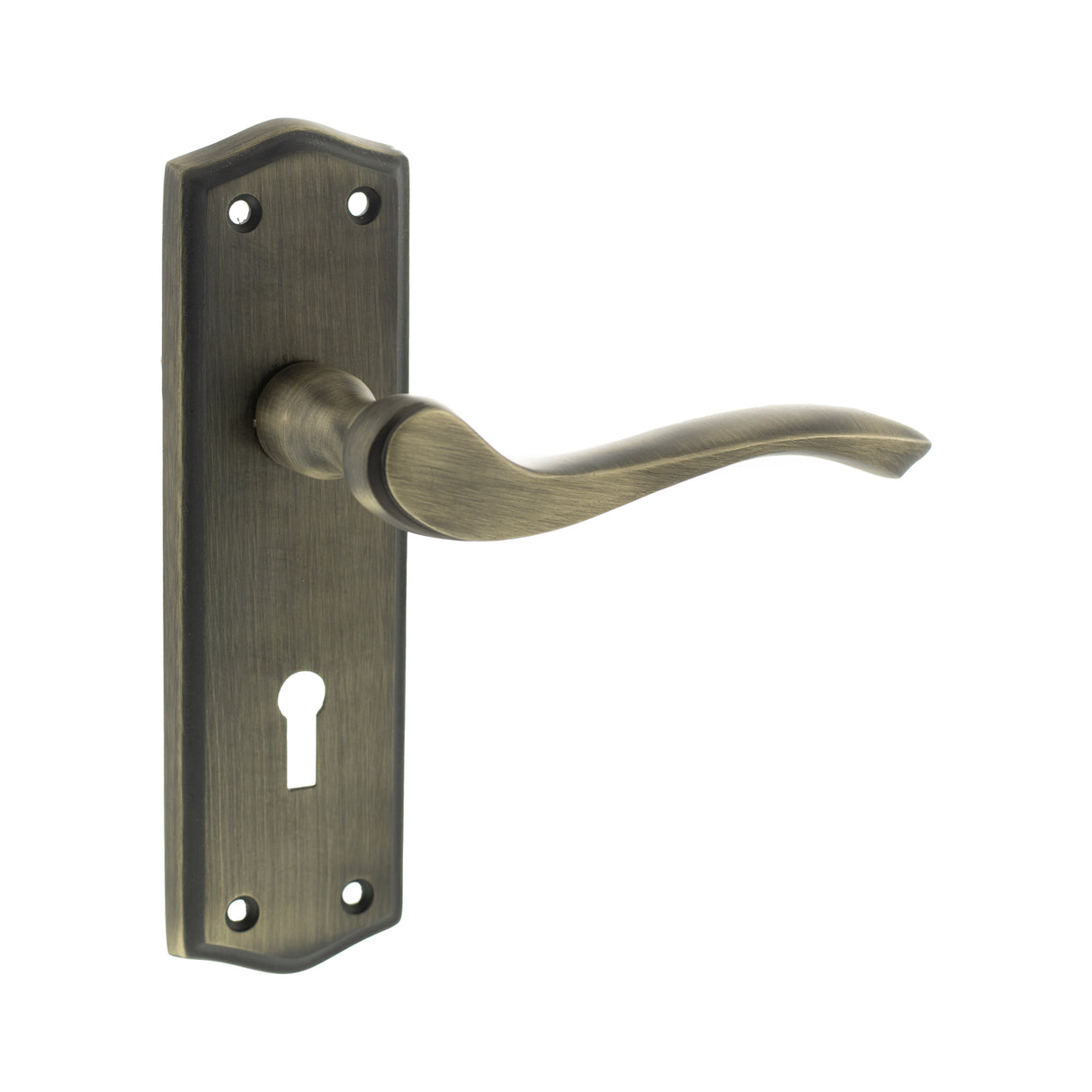 Quality image of Old English Warwick Key Lever Door Handle on Backplate - Matt Antique Brass | Sku. oe178kmab | available from Trade Door Handles.