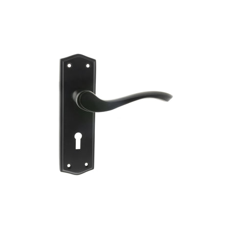 Quality image of Old English Warwick Key Lever Door Handle on Backplate - Matt Black | Sku. oe178kmb | available from Trade Door Handles.