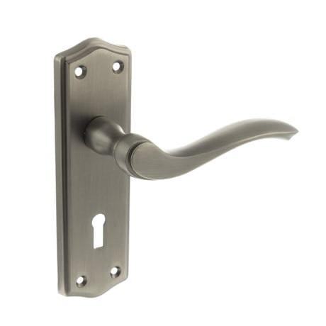 Quality image of Old English Warwick Key Lever Door Handle on Backplate - Matt Gun Metal | Sku. oe178kmbn | available from Trade Door Handles.