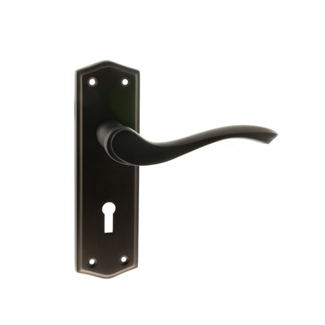Quality image of Old English Warwick Key Lever Door Handle on Backplate - Urban Dark Bronze | Sku. oe178kudb | available from Trade Door Handles.