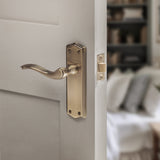 Quality image of Old English Warwick Latch Lever Door Handle on Backplate - Antique Brass | Sku. oe178lab | available from Trade Door Handles.