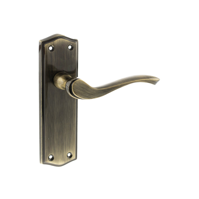 Quality image of Old English Warwick Latch Lever Door Handle on Backplate - Antique Brass | Sku. oe178lab | available from Trade Door Handles.