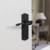 Quality image of Old English Warwick Latch Lever Door Handle on Backplate - Matt Black | Sku. oe178lmb | available from Trade Door Handles.