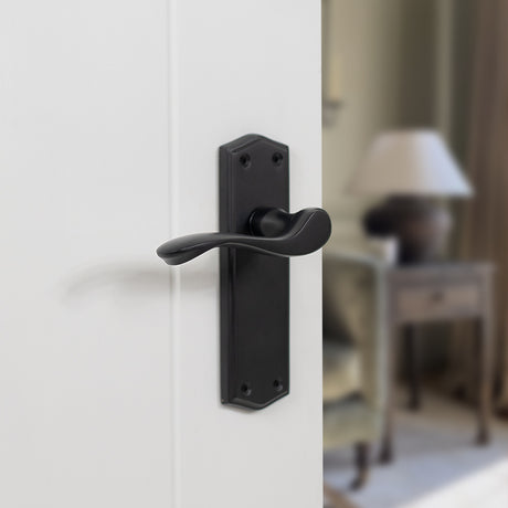 Quality image of Old English Warwick Latch Lever Door Handle on Backplate - Matt Black | Sku. oe178lmb | available from Trade Door Handles.