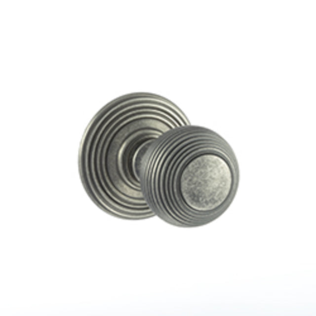 Quality image of Old English Ripon Solid Brass Reeded Mortice Knob on Concealed Fix Rose - Distressed Silver | Sku. oe50rmkds | available from Trade Door Handles.