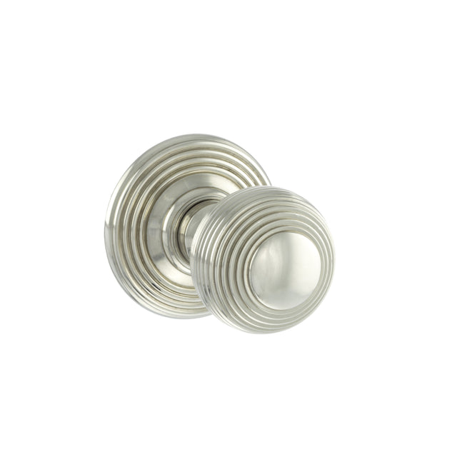 Quality image of Old English Ripon Solid Brass Reeded Mortice Knob on Concealed Fix Rose - Polished Nickel | Sku. oe50rmkpn | available from Trade Door Handles.