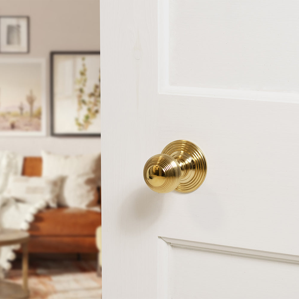 Quality image of Old English Ripon Door Knob Pack (Latch Set - 3" HD Latch, 4" Fire Rated Hinges x3) - Raw Brass | Sku. adpoe50rmkrb56 | available from Trade Door Handles.