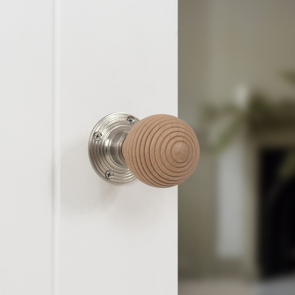 Quality image of Old English Bridlington Wood Reeded Beehive Door Knob on Face Fix Rose - Satin Nickel | Sku. oe57rmksn | available from Trade Door Handles.