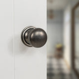 Quality image of Old English Harrogate Solid Brass Mushroom Mortice Knob on Concealed Fix Rose - Distressed Silver | Sku. oe58mmkds | available from Trade Door Handles.
