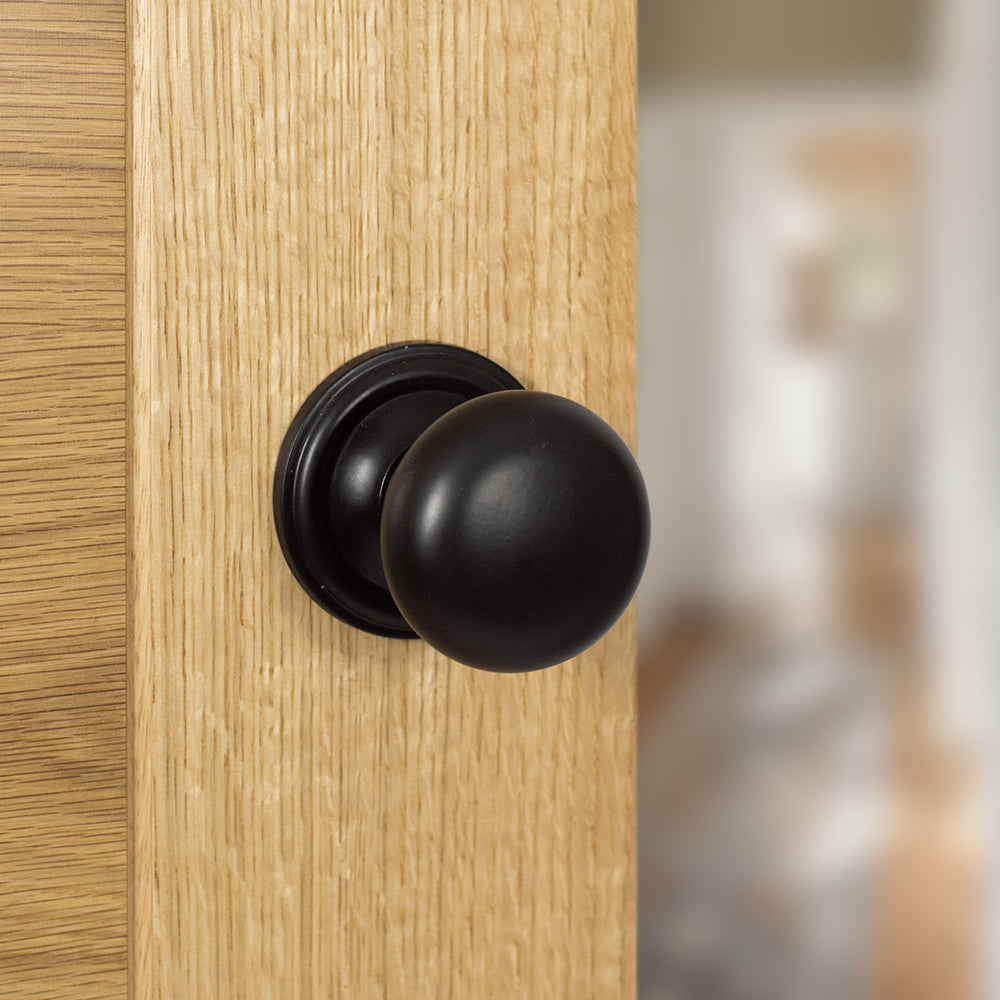 Quality image of Old English Harrogate Door Knob Pack (Bathroom Set - 3" Deadbolt, 4" Fire Rated Hinges x3) - Matt Black | Sku. adpoe58mmkmb62 | available from Trade Door Handles.
