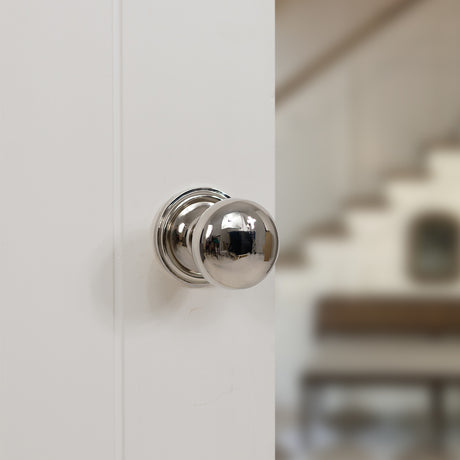 Quality image of Old English Harrogate Solid Brass Mushroom Mortice Knob on Concealed Fix Rose - Polished Nickel | Sku. oe58mmkpn | available from Trade Door Handles.