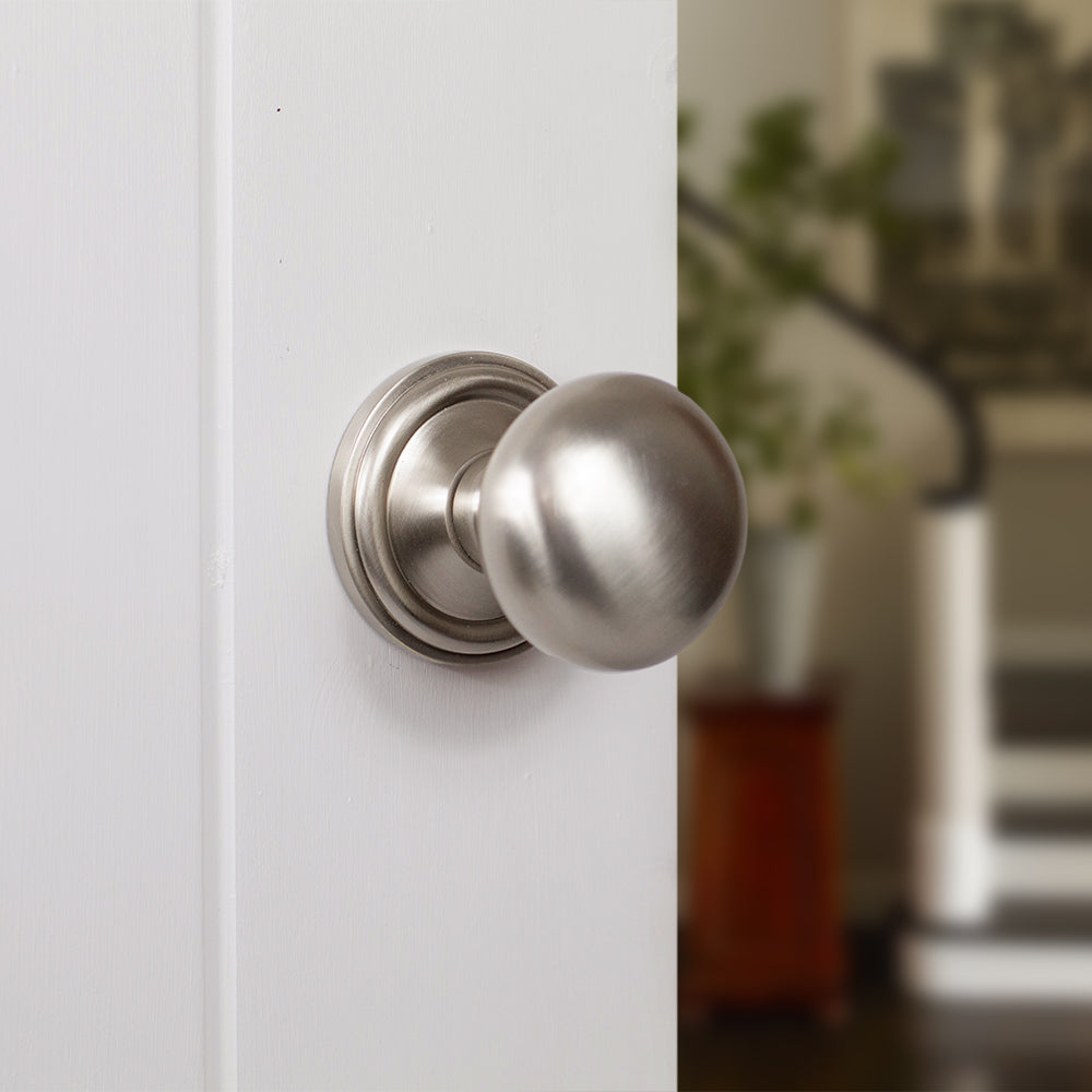 Quality image of Old English Harrogate Door Knob Pack (Lock Set - Horizontal Bathlock, 4" Slim Knuckle Hinges x2) - Satin Nickel | Sku. adpoe58mmksn74 | available from Trade Door Handles.