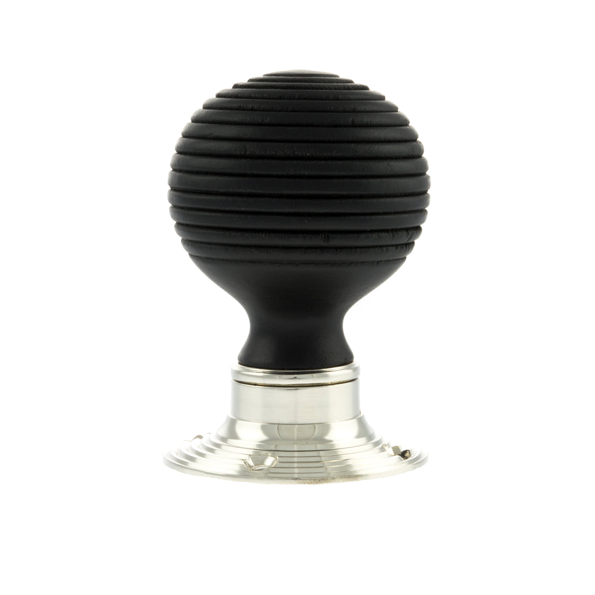 Quality image of Old English Whitby Ebony Wood Reeded Beehive Mortice Knob on Face Fix Rose - Polished Nickel | Sku. oe60rremkpn | available from Trade Door Handles.