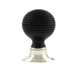 Quality image of Old English Whitby Ebony Wood Reeded Beehive Mortice Knob on Face Fix Rose - Polished Nickel | Sku. oe60rremkpn | available from Trade Door Handles.